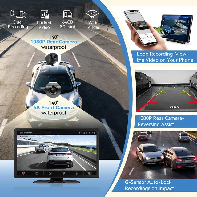 Alt view image 4 of 5 - Wireless Carplay Screen for Car, 11.3" Portable A-pple CarPlay & Android Auto Screen with 4K Dashcam & 1080P Backup Camera, Car Stereo with Mirror Link, Voice Control, GPS, Bluetooth, AUX, FM