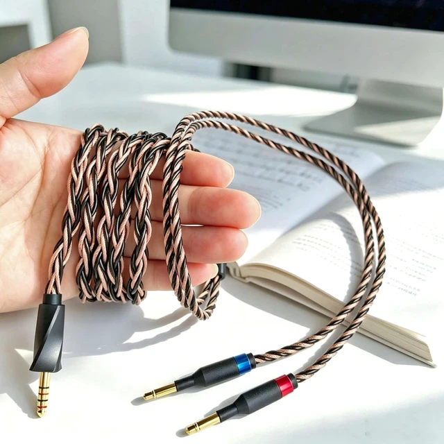 Alt view image 3 of 5 - Fezzlo Monitor Headphone Cable,Dual 3.5mm Over Ear Headset Wire,8-Strand German Copper AUX Cord Compatible with Hifiman HE4XX Edition XS MEZE99 109Pro FiiO FT1 for Musicians Audiophiles 4.4mm 4.9ft