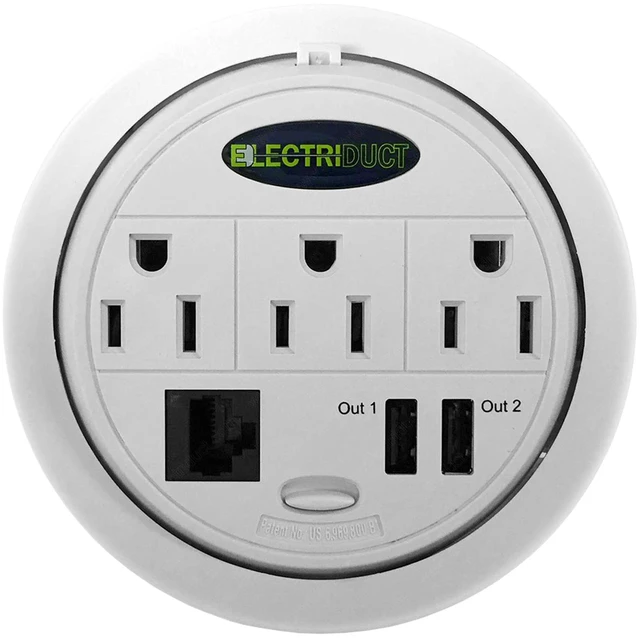 Main image of Power Tap Grommet with Hidden Power Center w/ 3 Power, 2 USB & 1 Cat5E - White