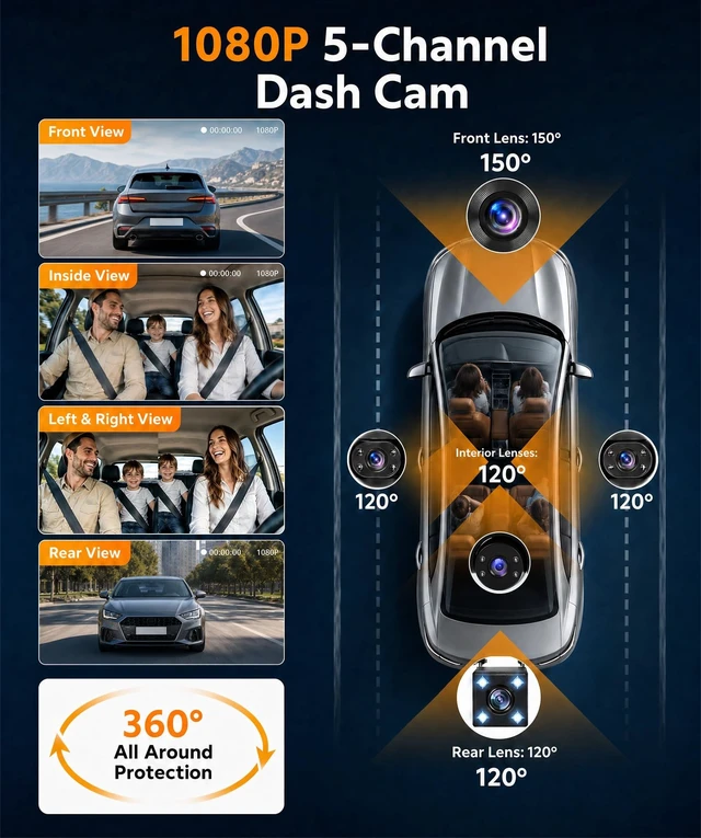Alt view image 2 of 5 - 360 5 Lens Dash Cam Front Rear Inside Left Right 1080P Dash Cam for Cars
