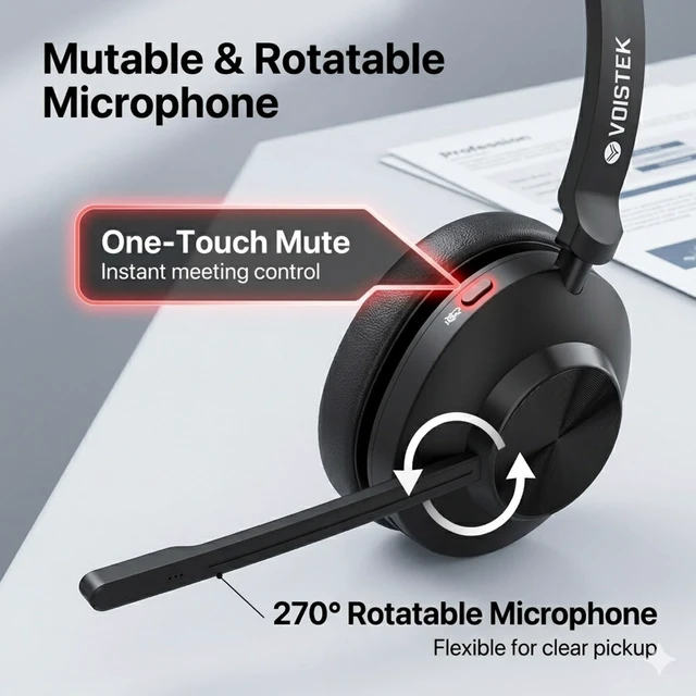 Alt view image 4 of 5 - Voistek Wireless Headset with Mic for Work, Mono Bluetooth Computer Headset with USB Dongle, Noise Cancelling Mic, Mute Button, Wireless Business Headset for Zoom, Teams, Call Center, Ho