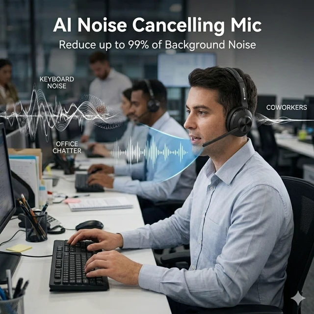 Alt view image 2 of 5 - Voistek Wireless Headset with Mic for Work, Mono Bluetooth Computer Headset with USB Dongle, Noise Cancelling Mic, Mute Button, Wireless Business Headset for Zoom, Teams, Call Center, Ho