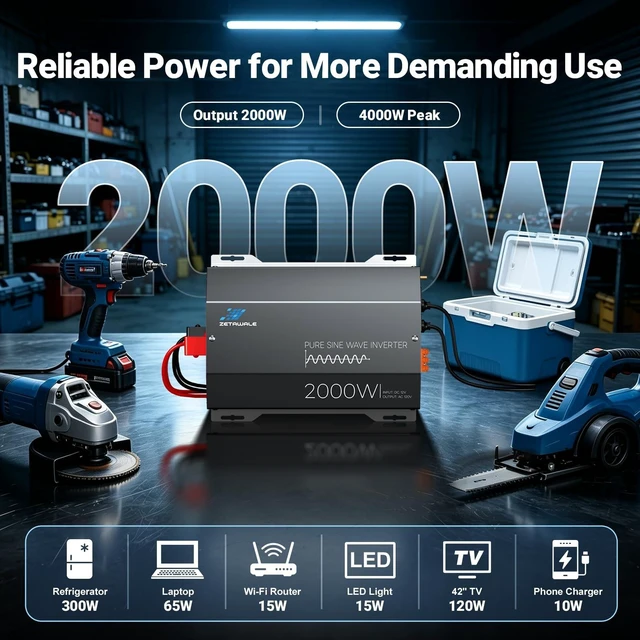 Alt view image 5 of 5 - 2000W Pure Sine Wave Inverter 12V DC to 120V AC Converter with LCD Remote