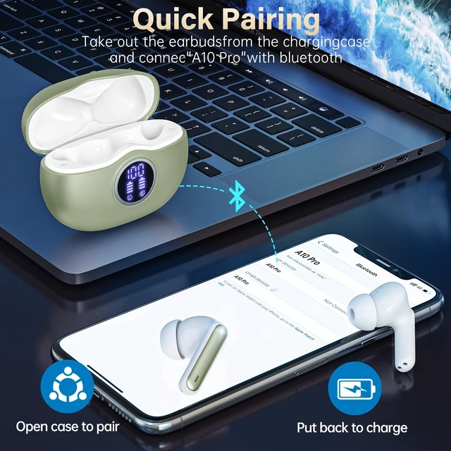 Alt view image 2 of 5 - Fhumsh Wireless Earbuds, Bluetooth 5.3 Headphones HiFi Stereo 50H Playback LED Digital Display Ear Buds with ENC Noise Canceling Headset, IPX7 Waterproof Earphones for Gym/Running/Work(Light Gr