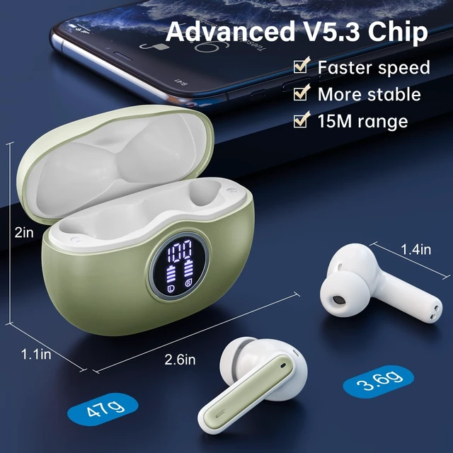 Alt view image 4 of 5 - Fhumsh Wireless Earbuds, Bluetooth 5.3 Headphones HiFi Stereo 50H Playback LED Digital Display Ear Buds with ENC Noise Canceling Headset, IPX7 Waterproof Earphones for Gym/Running/Work(Light Gr