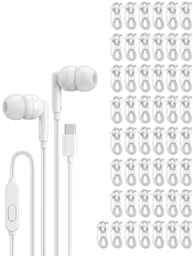 Main image of Pearl 50 Pack USB C Headphones Wired Earbuds Bulk for iPhone 17/16/15 Pro Max Plus, Galaxy Series, Chromebook, MacBook, Type C Earbuds Wired Headphones for School Classroom, White, No Microphone