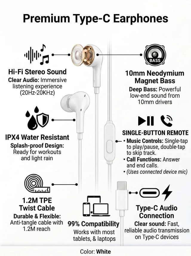 Alt view image 2 of 5 - Pearl 50 Pack USB C Headphones Wired Earbuds Bulk for iPhone 17/16/15 Pro Max Plus, Galaxy Series, Chromebook, MacBook, Type C Earbuds Wired Headphones for School Classroom, White, No Microphone