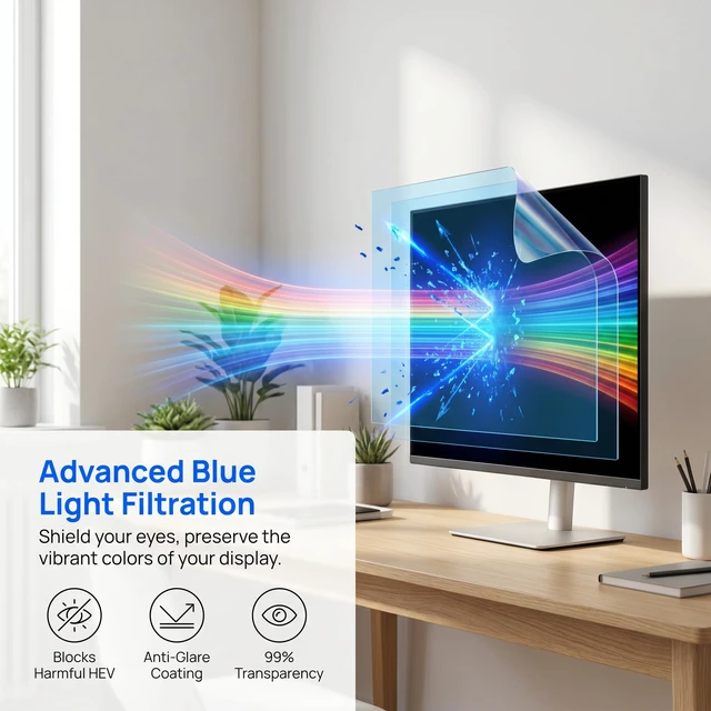 Alt view image 4 of 5 - 32.5 Inch Monitor Screen Protector, Anti Blue Light Eye Protection Filter, Bubble Free Frame Adhesive Mount for 32" 16:9 Computer Monitor - Fits LG, Dell, Samsung, MSI, AOC, ViewSonic & Mo