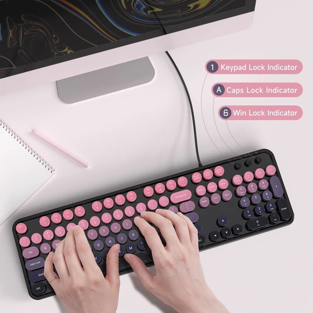 Alt view image 3 of 5 - MOWUX Computer Keyboard Wired, Plug and Play USB Retro Round Typewriter Keyboard, Full Size Wired Keyboard with Foldable Stands for Laptop and Office PC- Plum Pink Gradient