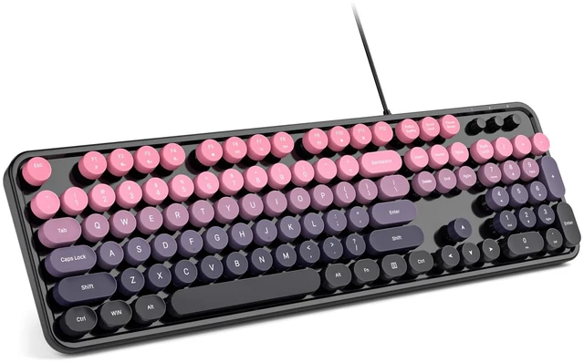 Main image of MOWUX Computer Keyboard Wired, Plug and Play USB Retro Round Typewriter Keyboard, Full Size Wired Keyboard with Foldable Stands for Laptop and Office PC- Plum Pink Gradient