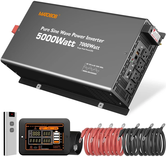 Main image of Pure Sine Wave Inverter 5000 Watt,7000Watt max,12V DC to 120V AC Inverters for RV,Truck,Solar,Home,Power Inverter with Dual Remote Control,45A Hardwire Port,4 AC Outlets, 36W USB-C, 5V 3.6A USB