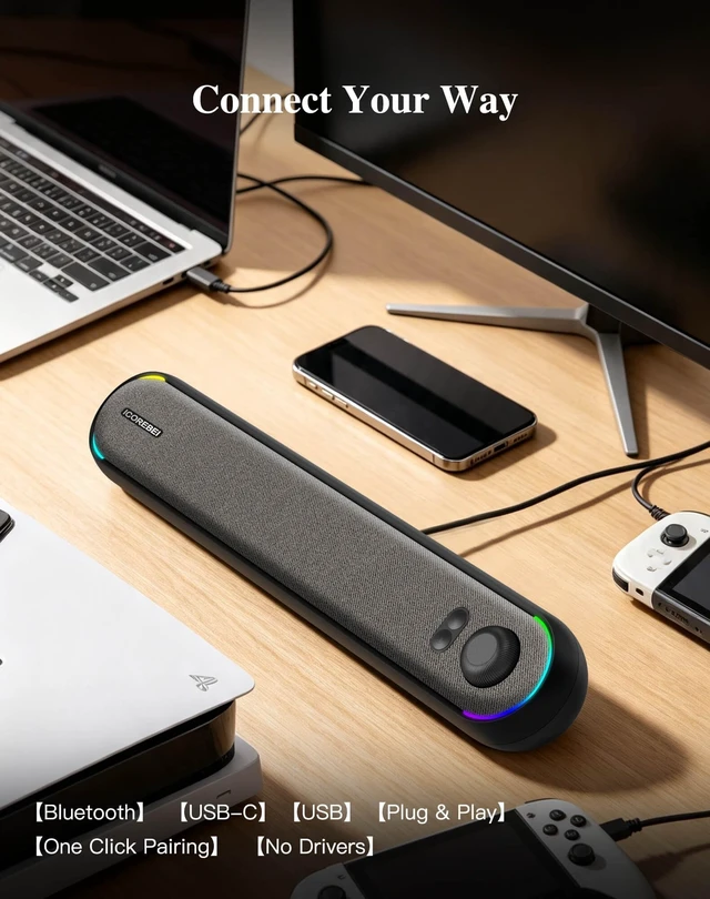 Alt view image 4 of 5 - ICOREBEI Computer Speakers USB Powered SoundBar for Home Office, Desktop PC Speaker, USB-C, Bluetooth 5.3 PC Speakers with Hi-Fi Stereo Sound, 3 RGB Modes for Mac, Laptop & Monitor
