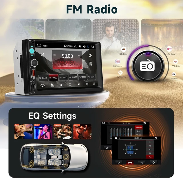 Alt view image 3 of 5 - Driauto 7" Double DIN Car Stereo Car Radio with HD Touch Screen Wired Mirror Link Bluetooth, 2 Din Audio Receiver Support Double USB AUX SD FM EQ Colorful Light Steering Wheel Control+ Backup Camera