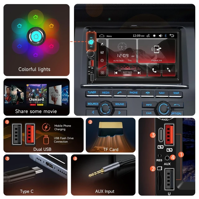 Alt view image 5 of 5 - Driauto 7" Double DIN Car Stereo Car Radio with HD Touch Screen Wired Mirror Link Bluetooth, 2 Din Audio Receiver Support Double USB AUX SD FM EQ Colorful Light Steering Wheel Control+ Backup Camera