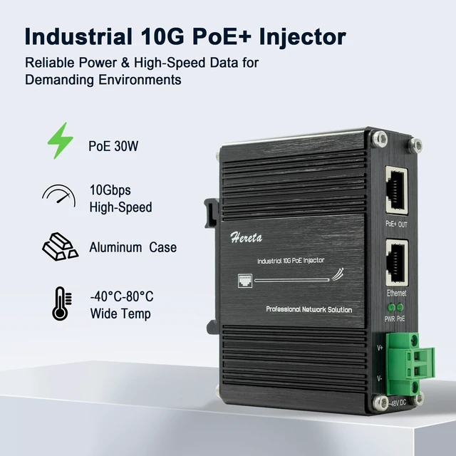 Alt view image 2 of 5 - 10G PoE+ Injector, Industrial Gigabit PoE+ Injector Adapter - 10/100/1000Mbps/2.5G/5G/10Gbps, IEEE802.3af/at, Delivers 15.4W (PoE) or 30W (PoE+) Power Over, for IP Camera/Wireless AP/IP Phones