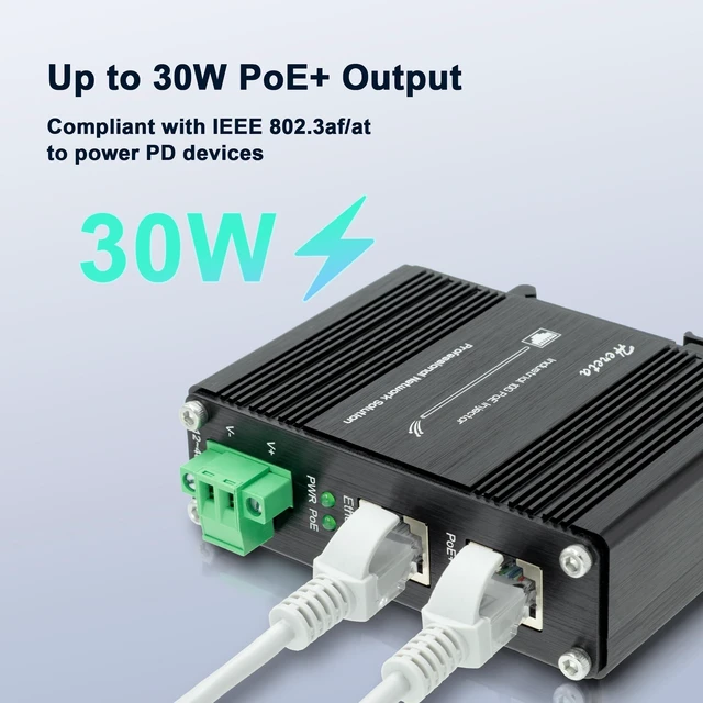 Alt view image 3 of 5 - 10G PoE+ Injector, Industrial Gigabit PoE+ Injector Adapter - 10/100/1000Mbps/2.5G/5G/10Gbps, IEEE802.3af/at, Delivers 15.4W (PoE) or 30W (PoE+) Power Over, for IP Camera/Wireless AP/IP Phones