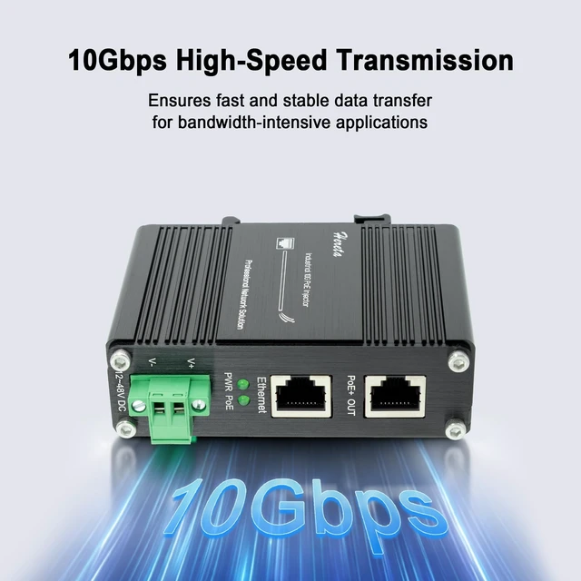 Alt view image 4 of 5 - 10G PoE+ Injector, Industrial Gigabit PoE+ Injector Adapter - 10/100/1000Mbps/2.5G/5G/10Gbps, IEEE802.3af/at, Delivers 15.4W (PoE) or 30W (PoE+) Power Over, for IP Camera/Wireless AP/IP Phones