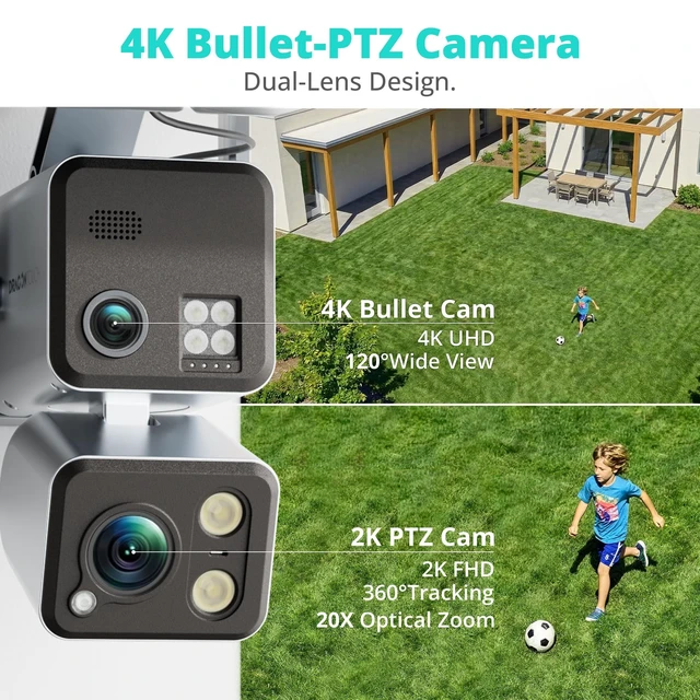 Alt view image 2 of 5 - Dragon Touch 4G LTE Cellular Security Camera - 4K Wireless Solar Security AOV Camera Outdoor Dual Lens Bullet-PTZ Cam, 4G and WiFi, 20X Zoom, 360 View, AI Tracking, with SIM Card and 64GB SD Ca