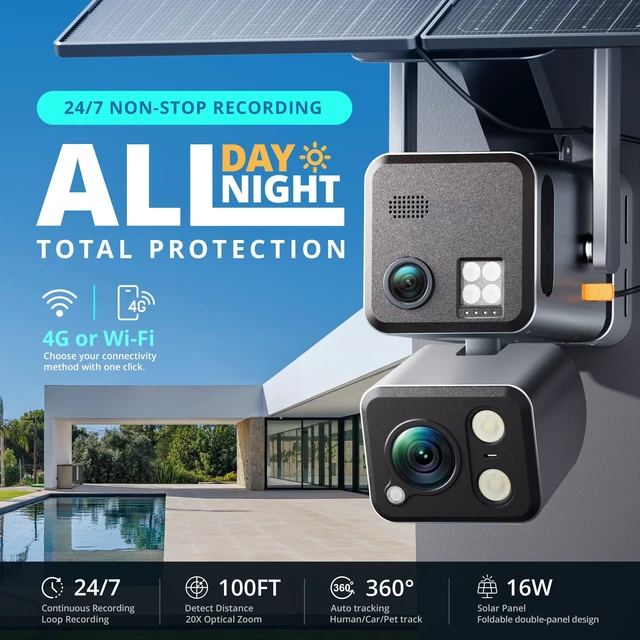Alt view image 3 of 5 - Dragon Touch 4G LTE Cellular Security Camera - 4K Wireless Solar Security AOV Camera Outdoor Dual Lens Bullet-PTZ Cam, 4G and WiFi, 20X Zoom, 360 View, AI Tracking, with SIM Card and 64GB SD Ca