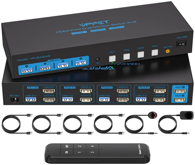 Main image of 8K60Hz HDMI 2.1 KVM Switch 4 Computers 2 Monitors 4K144Hz USB 3.0 KVM Switches for 4 PC Share 2 Monitors and 1 Set of Keyboard-Mouse-Printer Supports Replication and Extension Mode