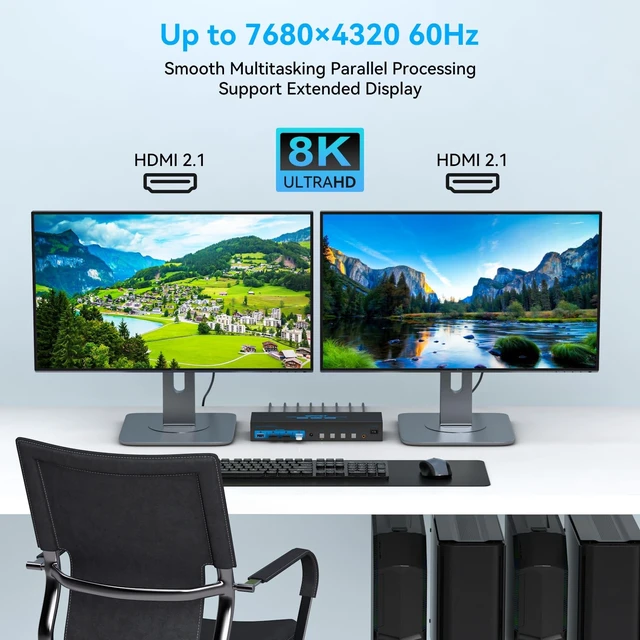Alt view image 3 of 5 - 8K60Hz HDMI 2.1 KVM Switch 4 Computers 2 Monitors 4K144Hz USB 3.0 KVM Switches for 4 PC Share 2 Monitors and 1 Set of Keyboard-Mouse-Printer Supports Replication and Extension Mode