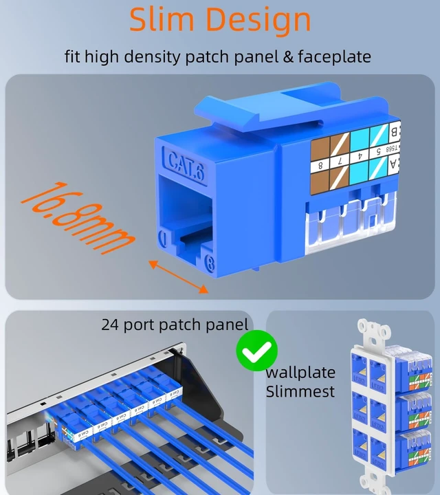 Alt view image 2 of 5 - Rapink RJ45 Keystone Jack Cat6 10G Support, Cat6 Keystone Jacks UTP 100 Pack for Wall Plate and Patch Panel, Rj45 Keystone 90 Degree Blue Color for Cat 6, Cat5e, Cat5 Cabling