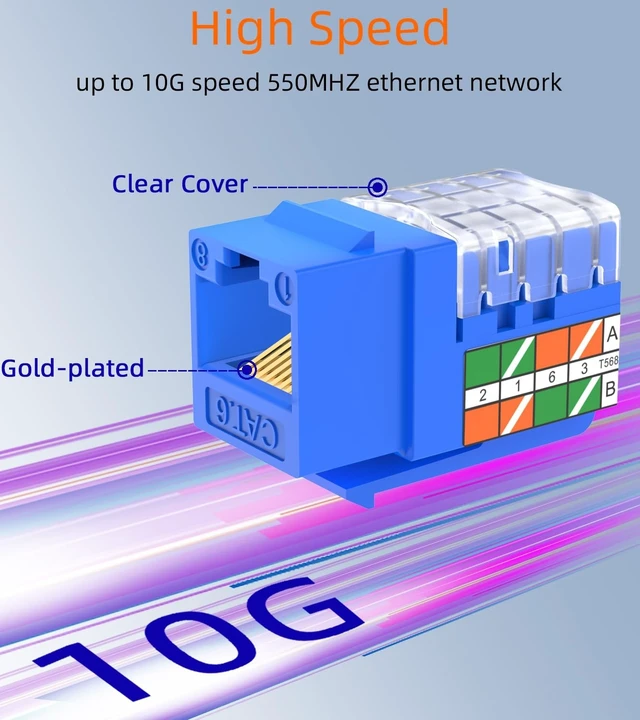 Alt view image 3 of 5 - Rapink RJ45 Keystone Jack Cat6 10G Support, Cat6 Keystone Jacks UTP 100 Pack for Wall Plate and Patch Panel, Rj45 Keystone 90 Degree Blue Color for Cat 6, Cat5e, Cat5 Cabling