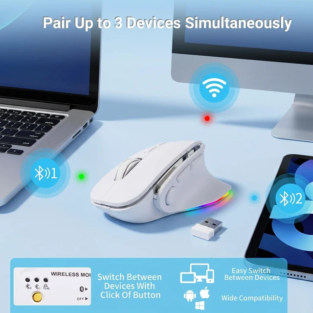 Alt view image 4 of 5 - Justdfine Mouse Bluetooth&2.4GHz Wired/Wireless Connection 2400DPI Rechargeable RGB Ergonomics Gaming Power Saving Model Compatible with PC/Mac/Windows/iOS/Android/Chrome Operating Systems (Whi