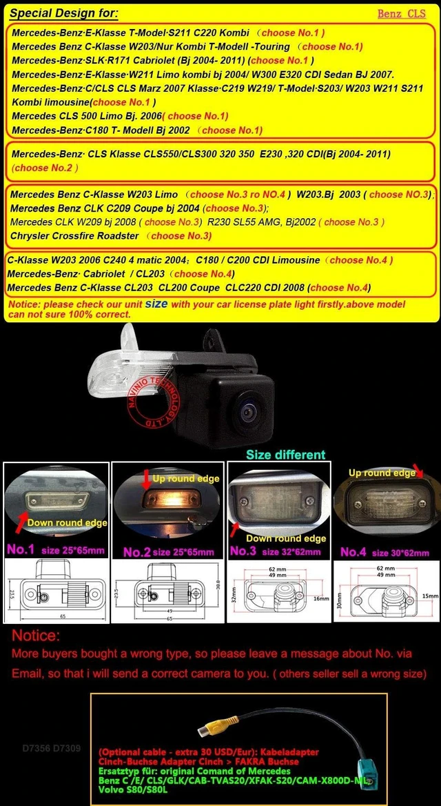 Alt view image 2 of 5 - Waterproof Backup Camera Color Car Rear View Camera 170 Degree Viewing Angle License Plate with Night Vision for C W203 CLK W209 SL R230 W211 R171 C219 S203 S211