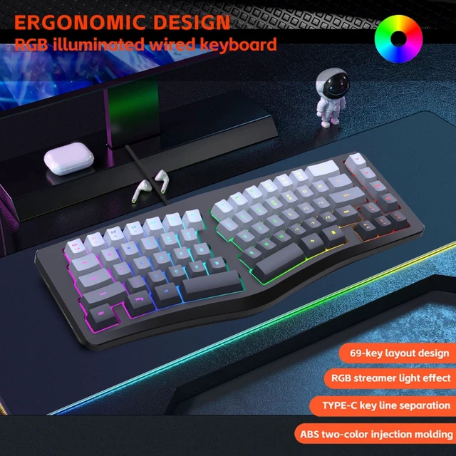 Alt view image 3 of 5 - VBESTLIFE Wired Ergonomic Keyboard, Compact Mini Split Keyboard 69 Keys, RGB Backlight, Detachable Type C, for Desktop PC Laptop