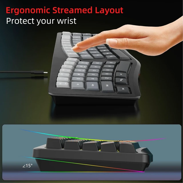 Alt view image 5 of 5 - VBESTLIFE Wired Ergonomic Keyboard, Compact Mini Split Keyboard 69 Keys, RGB Backlight, Detachable Type C, for Desktop PC Laptop