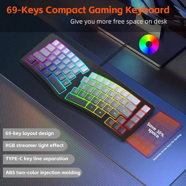 Alt view image 2 of 5 - VBESTLIFE Wired Ergonomic Keyboard, Compact Mini Split Keyboard 69 Keys, RGB Backlight, Detachable Type C, for Desktop PC Laptop