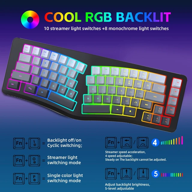 Alt view image 4 of 5 - VBESTLIFE Wired Ergonomic Keyboard, Compact Mini Split Keyboard 69 Keys, RGB Backlight, Detachable Type C, for Desktop PC Laptop