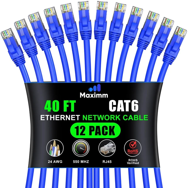 Main image of Maximm Cat6 Ethernet Cable 40 Ft, 10 Gbps 550 MHz, Blue, 12 Pack