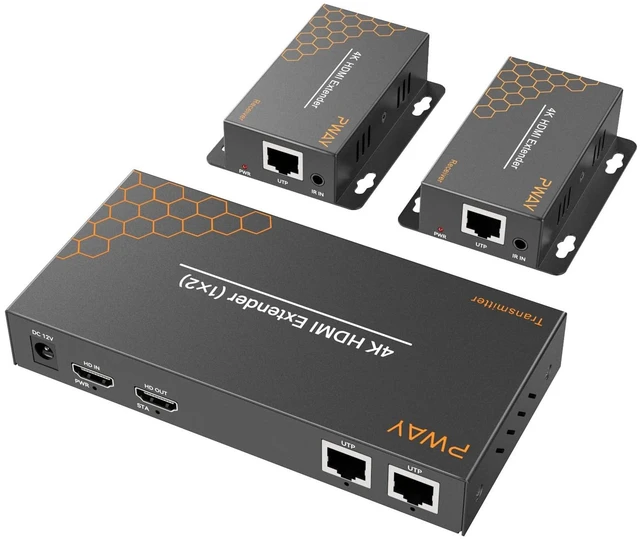 Main image of PWAY 4K HDMI Extender Splitter 1x2 Video Over Cat5 Cat6 Cat7 Ethernet Cable