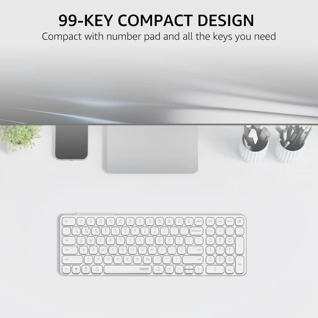 Alt view image 3 of 5 - Rapoo E9350L Multi-Device Wireless Keyboard, Blade-Series E9350L 99-Key Ultra-Thin Keyboard, Support 4 Devices, Low-Profile, Quiet, USB-C, Rechargeable, Al-Alloy Frame, for Windows/Mac/Linux/Ch