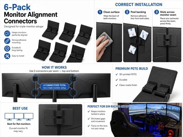 Alt view image 4 of 5 - Dual Alignment Clips with Adhesive Hinge Connectors for Triple Screen Setup, Multi Display Alignment Tool for Sim Racing Rig, Pack of 2 Screen Connectors