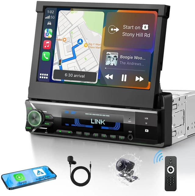 Main image of 2026 Motorized Single Din Radio, Wireless CarPlay & Android Auto, Flip Out