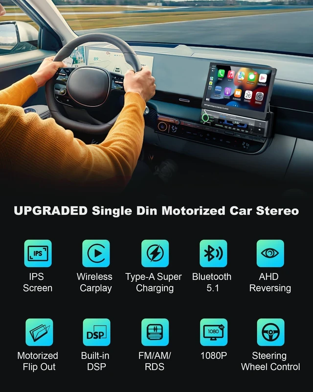 Alt view image 2 of 5 - 2026 Motorized Single Din Radio, Wireless CarPlay & Android Auto, Flip Out