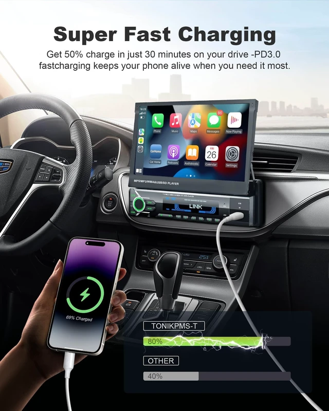 Alt view image 3 of 5 - 2026 Motorized Single Din Radio, Wireless CarPlay & Android Auto, Flip Out