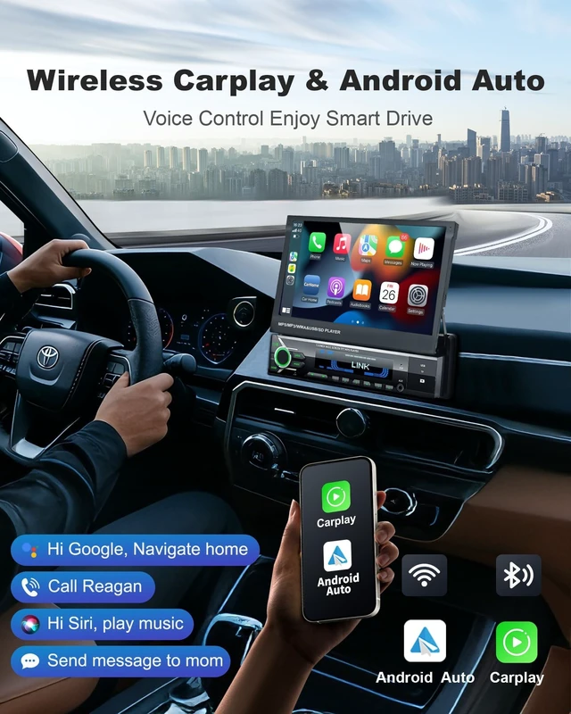 Alt view image 4 of 5 - 2026 Motorized Single Din Radio, Wireless CarPlay & Android Auto, Flip Out