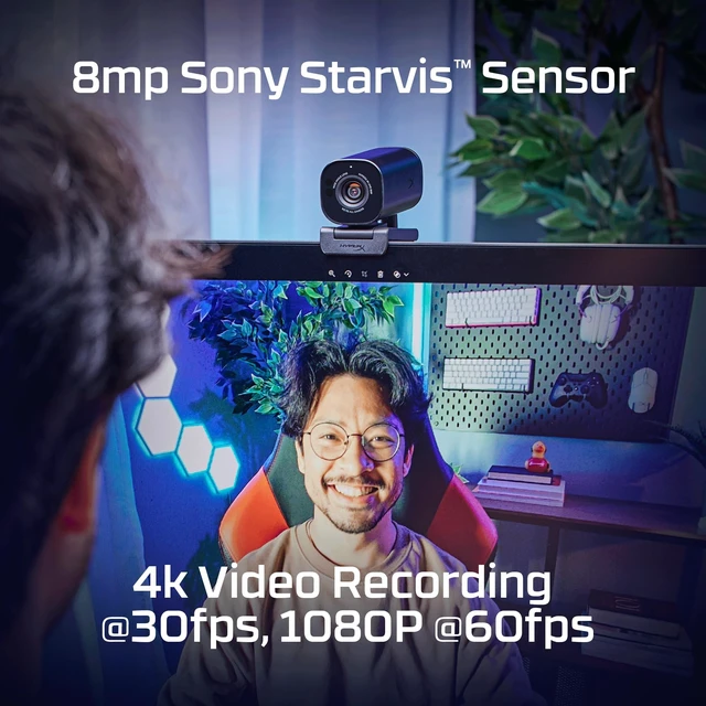 Alt view image 2 of 5 - HyperX Vision S Webcam, 4K Video Recording @ 30fps, 90 Field-of-View, Responsive Autofocus, Hyperflex Cable, Aluminum Body, Plug and Play, Sony Starvis 8MP Sensor, 5G2P Lens, USB-C Black