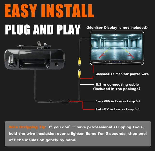Alt view image 3 of 5 - Tailgate Handle Backup Camera Compatible with 2007-2013 Toyota Tundra, Tailgate Latch Door Handle with Rear View Reverse Camera RCA Connector Backup Kit Replaces# 81214, 690900C051, 69090-0C051