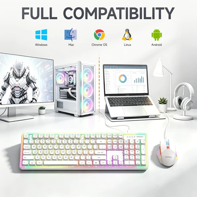 Alt view image 5 of 5 - Wired RGB Keyboard and Mouse Combo, Adjustable Rainbow Backlit, 104-Key Full-Size with Numpad, 6400 DPI Ergonomic High-Precision Mouse, Plug & Play, for PC Laptop Mac Windows Mac Office Gaming (White)
