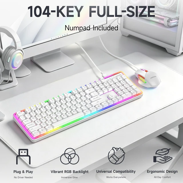 Alt view image 2 of 5 - Wired RGB Keyboard and Mouse Combo, Adjustable Rainbow Backlit, 104-Key Full-Size with Numpad, 6400 DPI Ergonomic High-Precision Mouse, Plug & Play, for PC Laptop Mac Windows Mac Office Gaming (White)