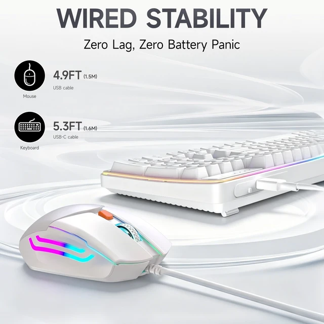 Alt view image 4 of 5 - Wired RGB Keyboard and Mouse Combo, Adjustable Rainbow Backlit, 104-Key Full-Size with Numpad, 6400 DPI Ergonomic High-Precision Mouse, Plug & Play, for PC Laptop Mac Windows Mac Office Gaming (White)