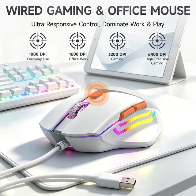 Alt view image 3 of 5 - Wired RGB Keyboard and Mouse Combo, Adjustable Rainbow Backlit, 104-Key Full-Size with Numpad, 6400 DPI Ergonomic High-Precision Mouse, Plug & Play, for PC Laptop Mac Windows Mac Office Gaming (White)