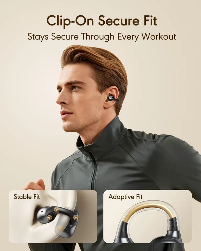 Alt view image 2 of 5 - Open Ear Earbuds, Clip-On Wireless Headphones, Lightweight Secure Fit, 14mm Drivers Powerful Sound, 40H Playtime, Sweatproof Bluetooth 6.0 Glasses Friendly for Sports Running Workout Gift(Black