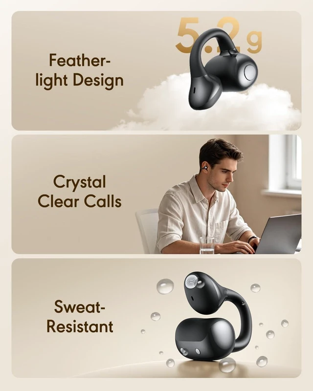 Alt view image 5 of 5 - Open Ear Earbuds, Clip-On Wireless Headphones, Lightweight Secure Fit, 14mm Drivers Powerful Sound, 40H Playtime, Sweatproof Bluetooth 6.0 Glasses Friendly for Sports Running Workout Gift(Black
