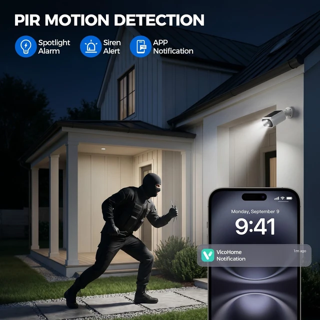 Alt view image 3 of 5 - AlkiVision Solar Security Cameras Wireless Outdoor - 2K Night Color Vision for Outdoor Security, 360 View, AI Motion Detection, Spotlight, 2-Way Audio, Siren, IP67 Waterproof, SD/Cloud Storage,